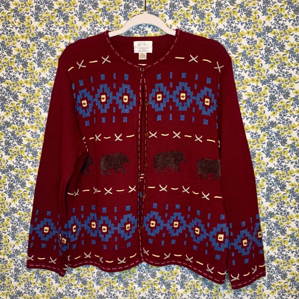 Vintage Y2K Burgundy Christopher & Banks Hand Embroidered Bear Cardigan